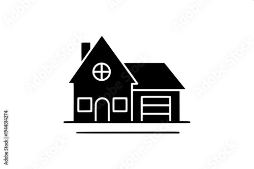 Real estate themed minimal house silhouette, dark gray flat house shape, attached garage left side, central arch door, two arched upper windows, right window with shutters, clean vector icon on light 