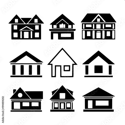 Real estate themed minimal house silhouette, dark gray flat house shape, attached garage left side, central arch door, two arched upper windows, right window with shutters, clean vector icon on light 