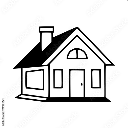 Real estate themed minimal house silhouette, dark gray flat house shape, attached garage left side, central arch door, two arched upper windows, right window with shutters, clean vector icon on light 
