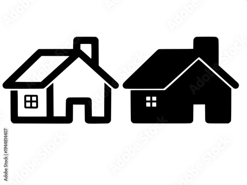 Real estate themed minimal house silhouette, dark gray flat house shape, attached garage left side, central arch door, two arched upper windows, right window with shutters, clean vector icon on light 