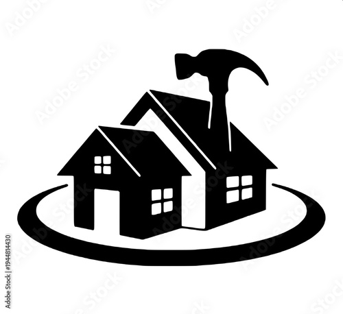 Real estate themed minimal house silhouette, dark gray flat house shape, attached garage left side, central arch door, two arched upper windows, right window with shutters, clean vector icon on light 