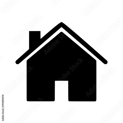 Real estate themed minimal house silhouette, dark gray flat house shape, attached garage left side, central arch door, two arched upper windows, right window with shutters, clean vector icon on light 
