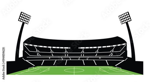 Football stadium with floodlights and a green field silhouette