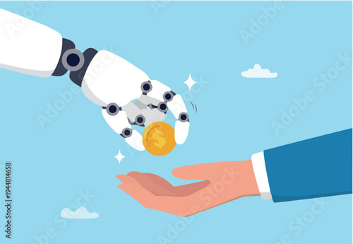 Artificial intelligence AI make money, data licensing resource for AI training payment, automation investment, robot trading or banking concept, AI robot hand giving dollar money to business