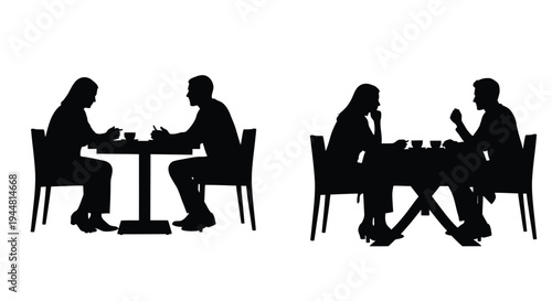 Four people dining at tables a striking black silhouette
