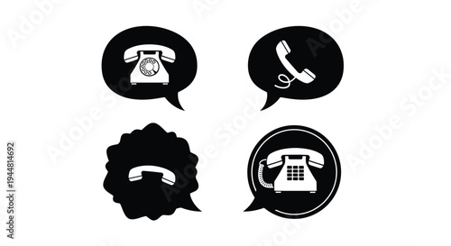 Four black silhouettes of vintage telephones in speech bubbles silhouette
