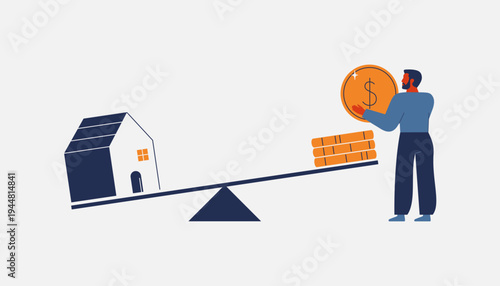 man puts gold coins on a scale to balance house on one side and money at other side. Mortgage and interest payments. Rising real estate prices along with low incomes.vector illustration