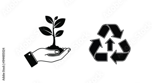 Hand holding seedling and recycling symbol as a stark silhouette