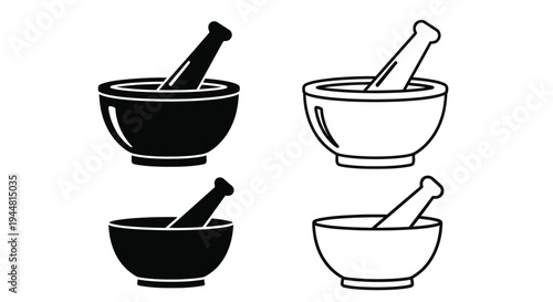 Mortar and pestle set in contrasting views a black silhouette