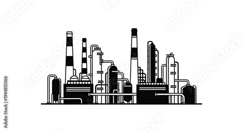 Industrial complex with multiple smokestacks and towers black silhouette