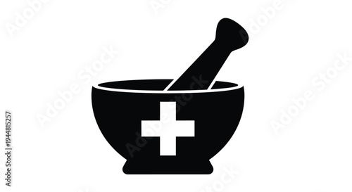 Black mortar and pestle with a medical cross a striking silhouette