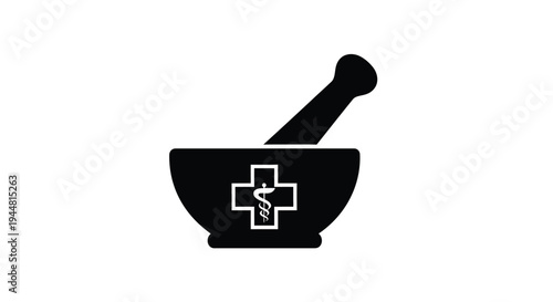 Black mortar and pestle with medical symbol a striking silhouette