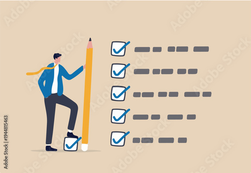 Getting things done, completed tasks or business accomplishment, finished checklist, achievement or project progression concept, businessman expert holding pencil tick all completed task