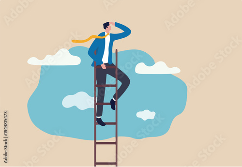 Ladder of success, vision to lead business to achieve goal or opportunity in career concept, smart confident businessman leader climb up to reach top of ladder high in the sky look forward