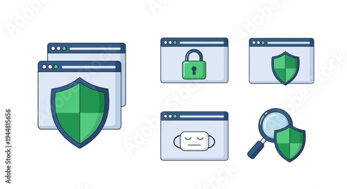 Green Shield Icons Representing Online Security.
