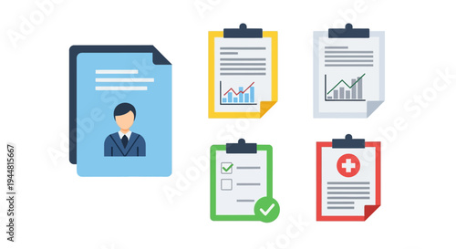 Clipboard Documents with Various Icons and Charts.