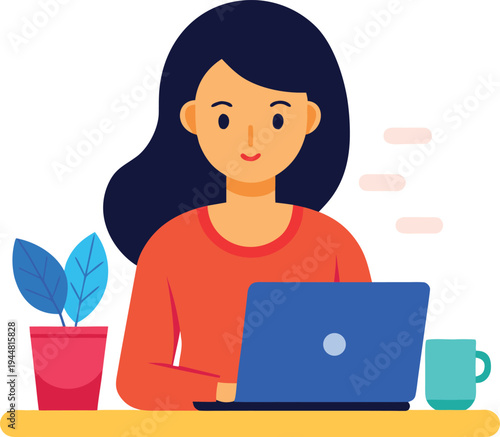 Woman working on laptop at desk with plant and coffee mug