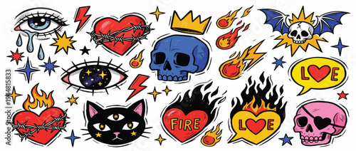 Punk cartoon doodle sticker collection with pencil rough texture. Hand drawn colorful vector tattoo illustrations. Funky black cats, rock'n'roll skulls, mystical eyes and various cute elements.