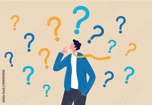 Ask questions, FAQ, problem or curiosity, doubt and confusion to be answer, challenge and uncertainty, unknown information or solution concept, contemplation businessman thinking with question