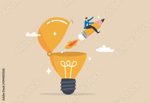 Creativity to create new idea, imagination or invention, inspiration, education or genius idea, writing content or boost creative thinking concept, man riding pencil rocket from opening light