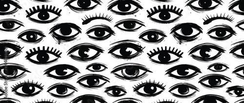 Brush drawn eyes seamless pattern. Hand drawn vector ornament with various opened eyes. Modern hipster style, primitive or naive drawing. Cartoon seamless pattern with parts of faces.