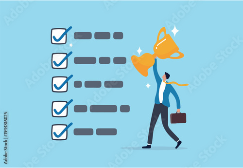 Habits or routine to success, checklist or factors to succeed and achieve goal, winner progress, planning, procedure or process concept, success businessman holding winner trophy with habit