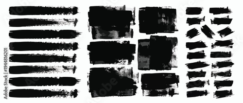 Hand drawn grunge brush strokes, rectangles and squares shapes. Abstract texture frames for text and highlight. Hand drawn thick grunge brush strokes. Vector black paint geometric shapes.
