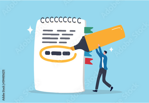 Highlight important note, serious essential word in highlight circle or underline, marked critical, vital or significant, spotlight attention concept, businessman highlight pen circle