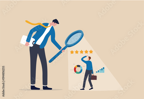Employee performance evaluation, appraisal or annual review for goals achievement, assessment for rating or feedback concept, businessman manager use magnifier to analyze employee with 5 star