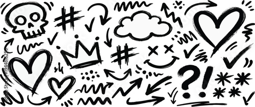 Graffiti bold brush drawn shape set. Hand drawn punk stickers, cloud and hashtag symbols. Grunge rock skull, heart and arrow shapes. Funky graphic figures for urban design posters, street art banner.