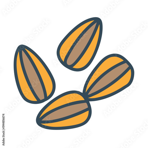 Illustration of golden sunflower seeds with dark outline on a black backdrop.