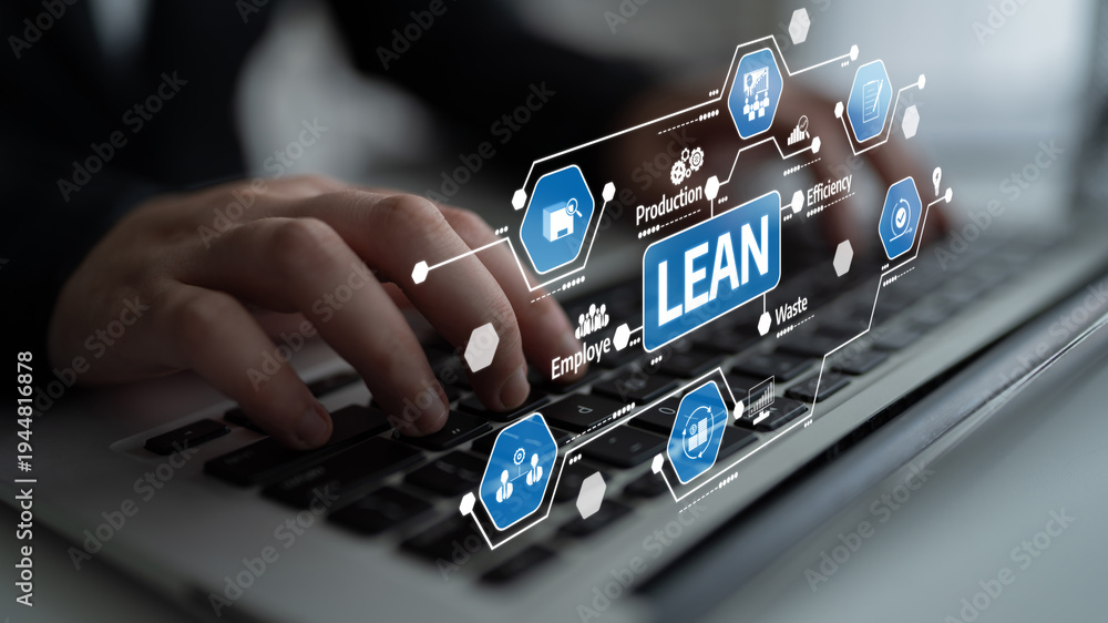 Obraz premium Modern business technology integrates lean management concepts to enhance efficiency and productivity. Focus on data-driven solutions and teamwork to drive growth. Tessel
