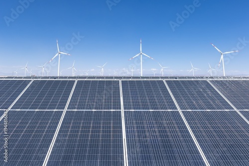 Hybrid plant with solar panels and wind turbines in a renewable energy field under blue sky. Large-scale solar farm with rows of photovoltaic panels and wind turbines, symbolizing sustainable energy