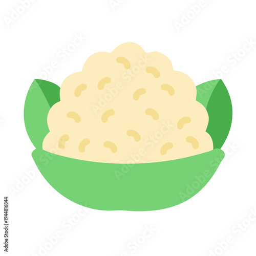 Simple flat illustration of a bowl with mashed potatoes and green leaves