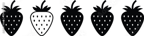 Strawberry Icon Collection Black Stem and Small Leaf Crown Simple Minimal Vector