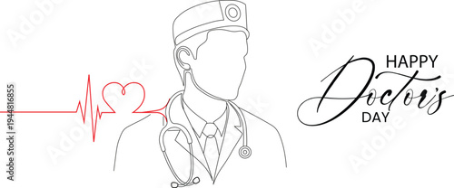 Happy Doctor’s Day Line Art Illustration with ECG Heartbeat and Medical Doctor Portrait