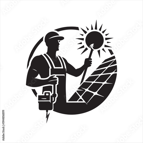 solar and electrician abstract silhouette  outline logo design concept illustration idea