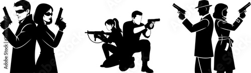 Secret agent silhouettes with guns, spy team action set