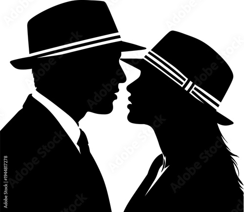 Silhouette couple wearing fedora hats looking at each other intimately