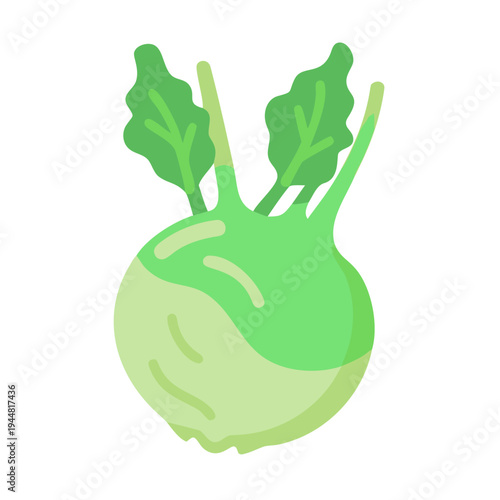 Flat design illustration of a fresh green kohlrabi vegetable with leaves