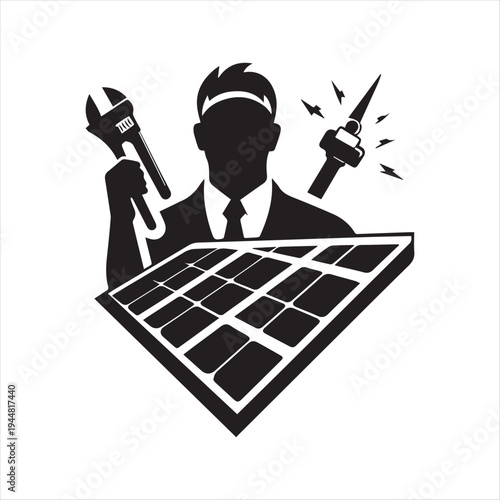 solar and electrician abstract silhouette  outline logo design concept illustration idea