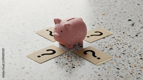 Piggy bank with question marks around it, symbolizing financial uncertainty and saving choices