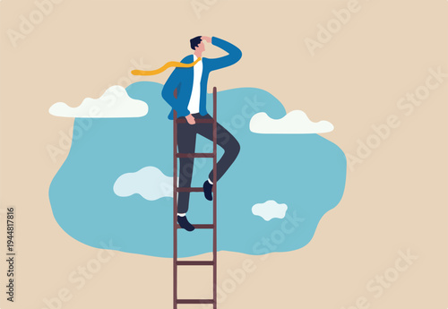 Ladder of success, vision to lead business to achieve goal or opportunity in career concept, smart confident businessman leader climb up to reach top of ladder high in the sky look forward