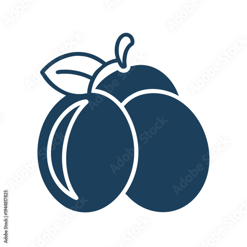 Two plums sharing a stem and leaf, simple flat vector icon design
