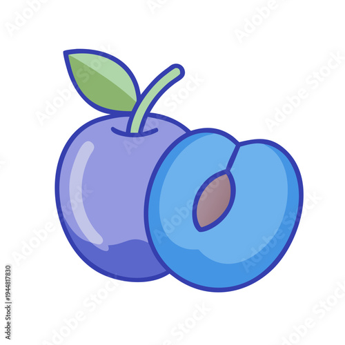 Cartoon illustration featuring whole and halved plums with leaves on black background