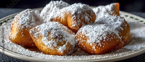 An opulent abundance of golden-fried beignets, sumptuously blanketed in a lavish cascade of pristine powdered sugar, a feast for the eyes.
