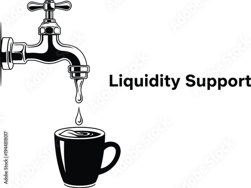 A black and white drawing shows water dripping from a traditional spigot into a small black mug labeled Liquidity Support.