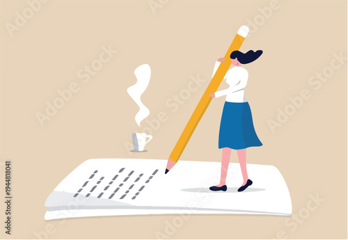 Content writer, blogger, bullet journalist or publishing editor concept, young smart woman freelance holding big pencil thinking and writing content on notepad paper with cup of coffee