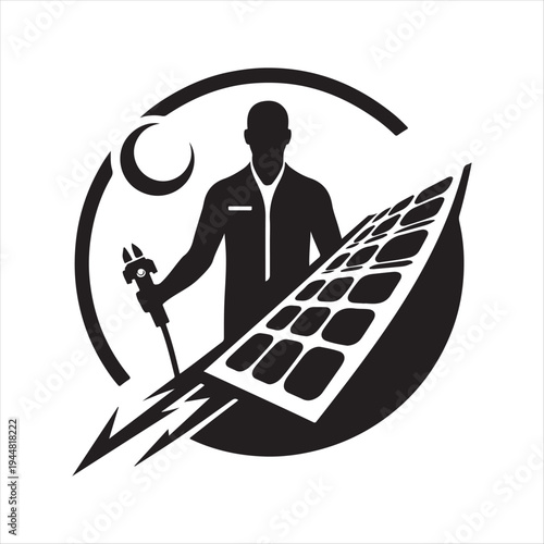 solar and electrician abstract silhouette  outline logo design concept illustration idea