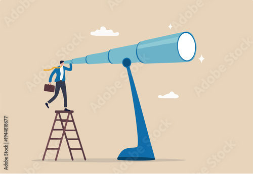 Long term plan or business strategy for far future, looking for opportunity, forecast and visionary, discover long term goal concept, businessman looking through oversized long telescope